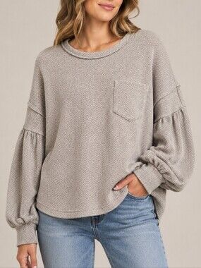 Chevron Waffle Knit Puff Sleeve Thermal Top Beige Womens Medium Boho Cottagecore